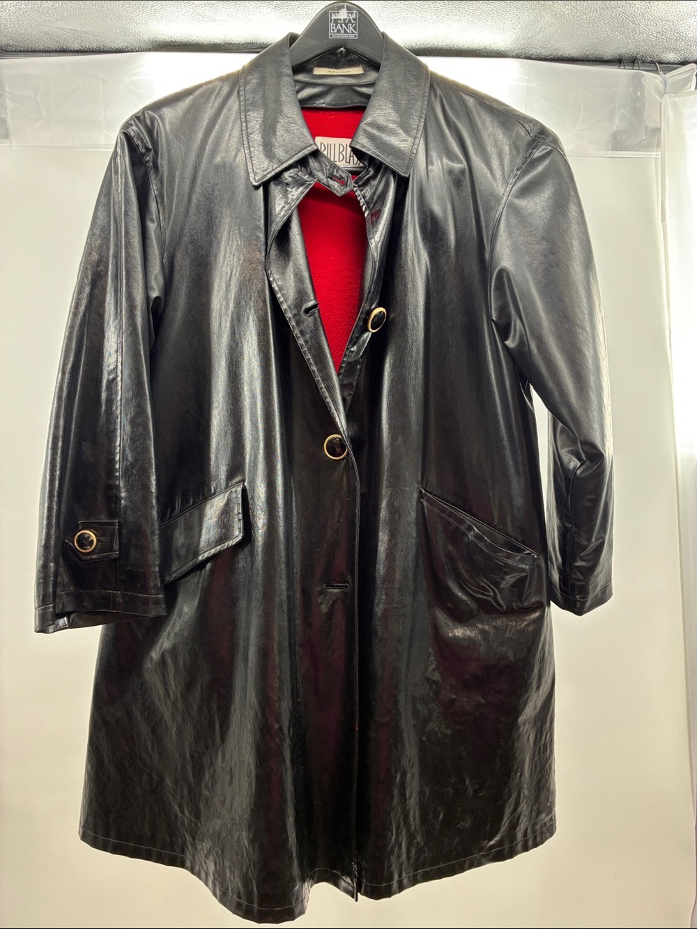 bill blass Black Leather Trench Coat with Red Lining